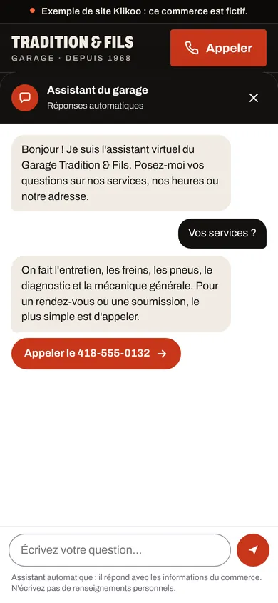 La bulle de l'assistant ouverte sur le site du Garage Tradition & Fils. À la question «&nbsp;Vos services&nbsp;?&nbsp;», il répond que le garage fait l'entretien, les freins, les pneus, le diagnostic et la mécanique générale, puis propose un bouton pour appeler le garage.